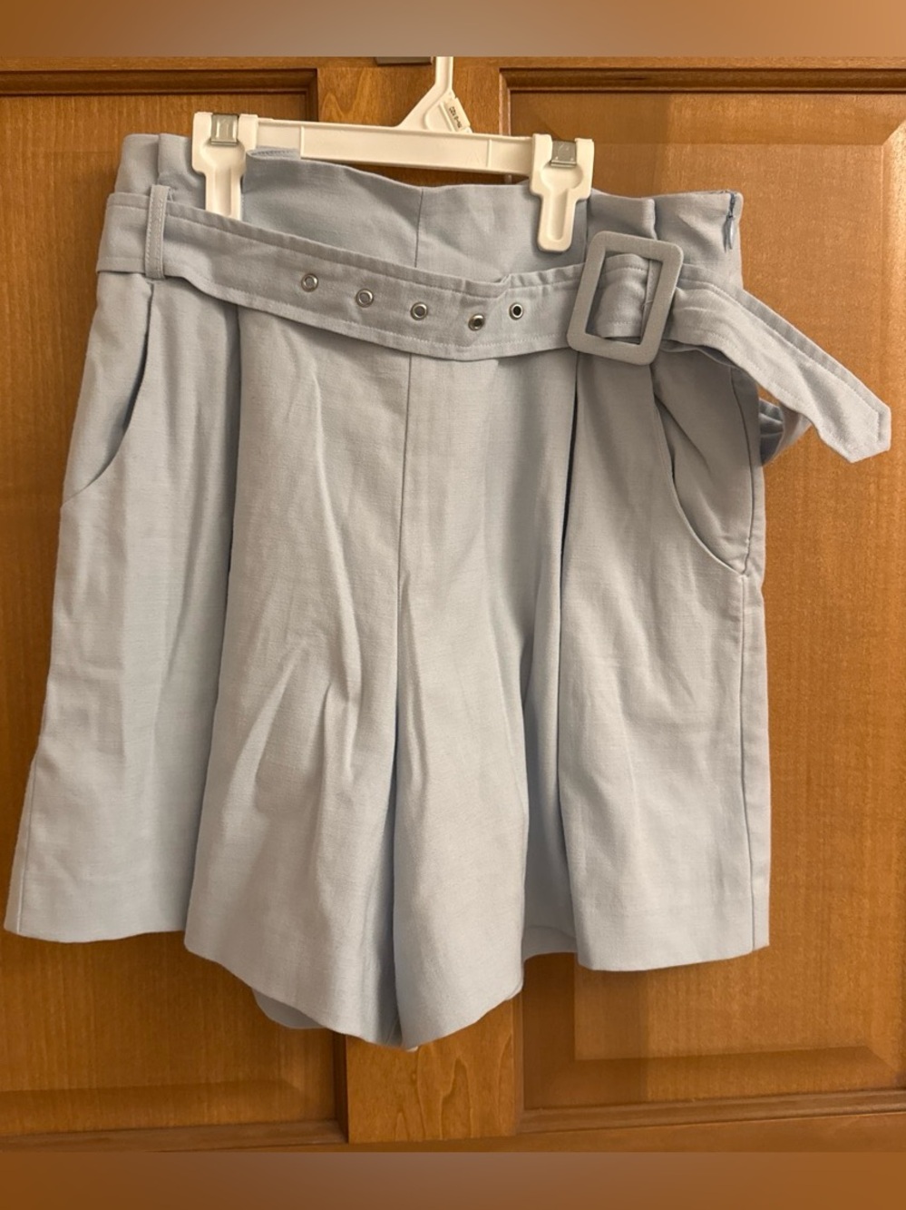 High-Waist Belted Shorts in Pale Blue